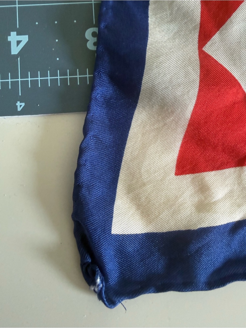 Bold Red Geometric Silk Scarf with Navy and Cream Accents - Picture 9 of 10
